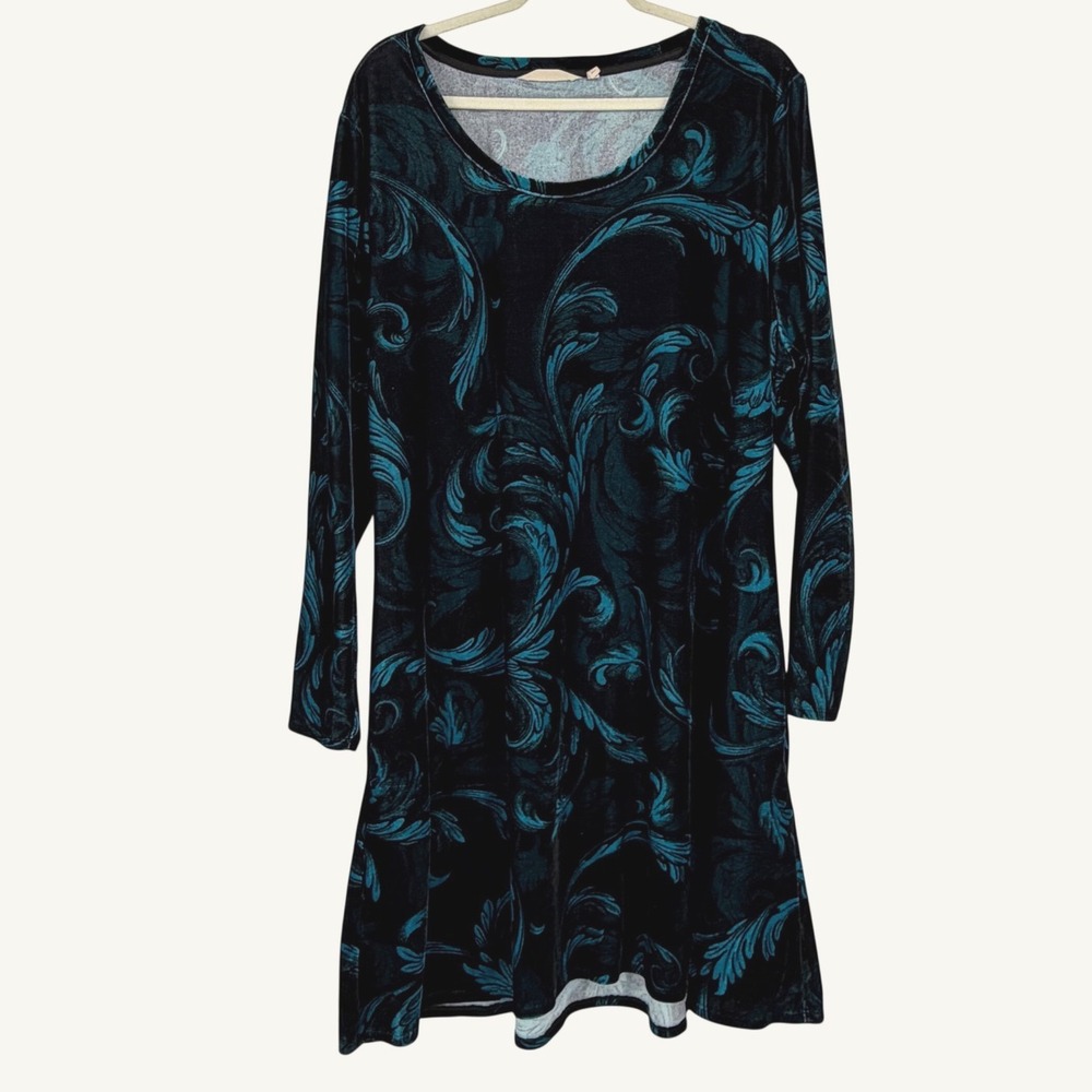Soft Surrounds 2X Velvet Scroll Print Long Sleeve Dress Teal Black Plus Size